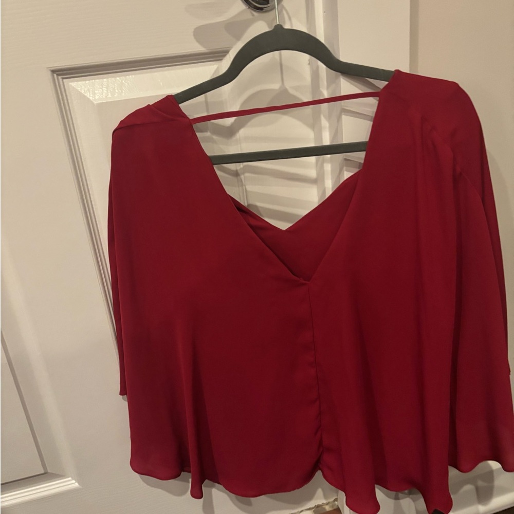 Olivaceous Red Wrap Blouse with Buttoned Sleeves